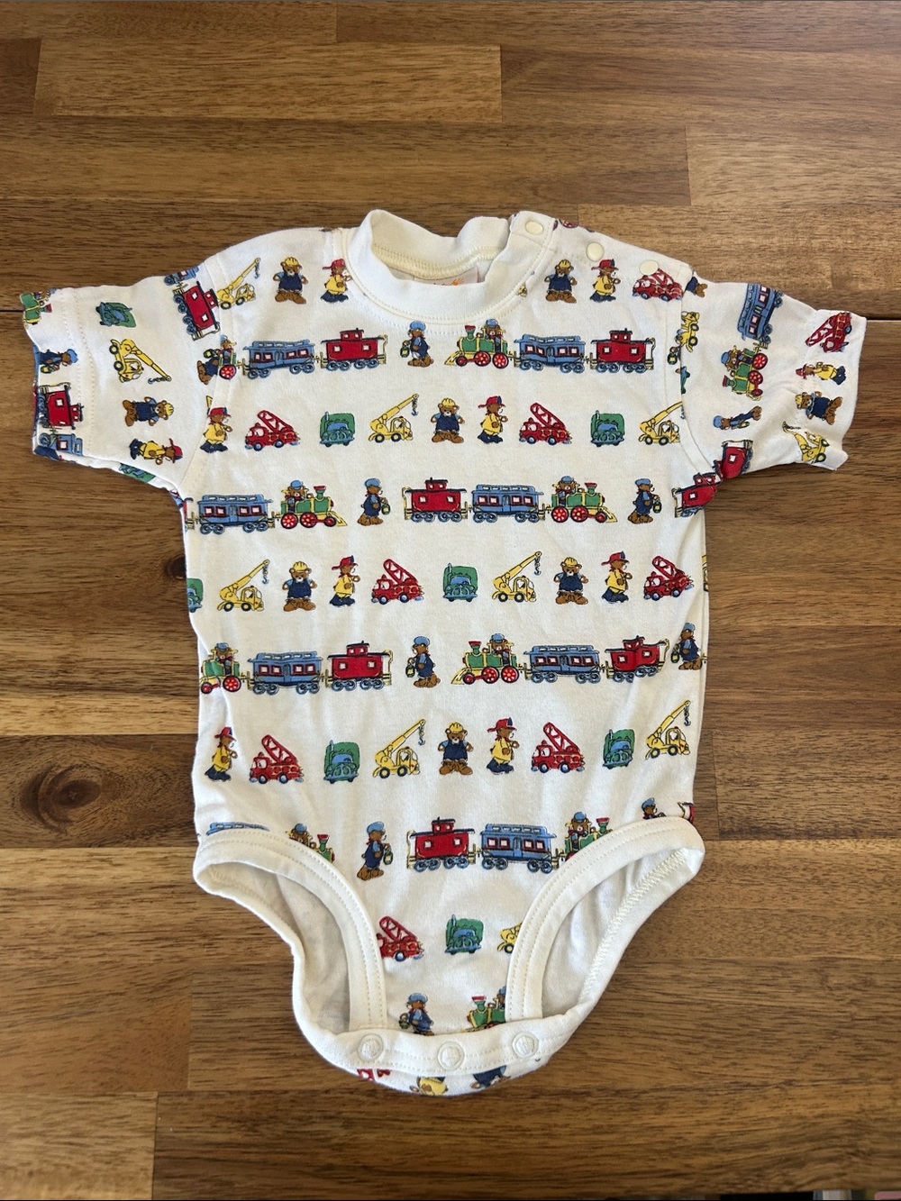 Vintage Carters Bodysuit with Multicolor Train & Vehicle Print